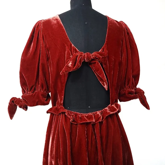 Sea New York Mayde Velvet Puff Sleeve Smocked Bow Midi Maxi Dress - Picture 9 of 11